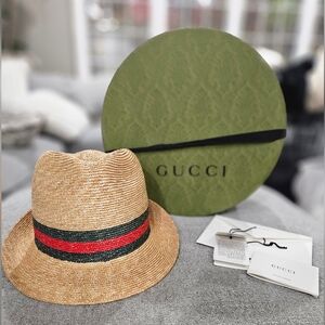 Gucci Trilby Straw Hat with Red and Green Stripe Size M EUC COMES W/ TAGS& BOX